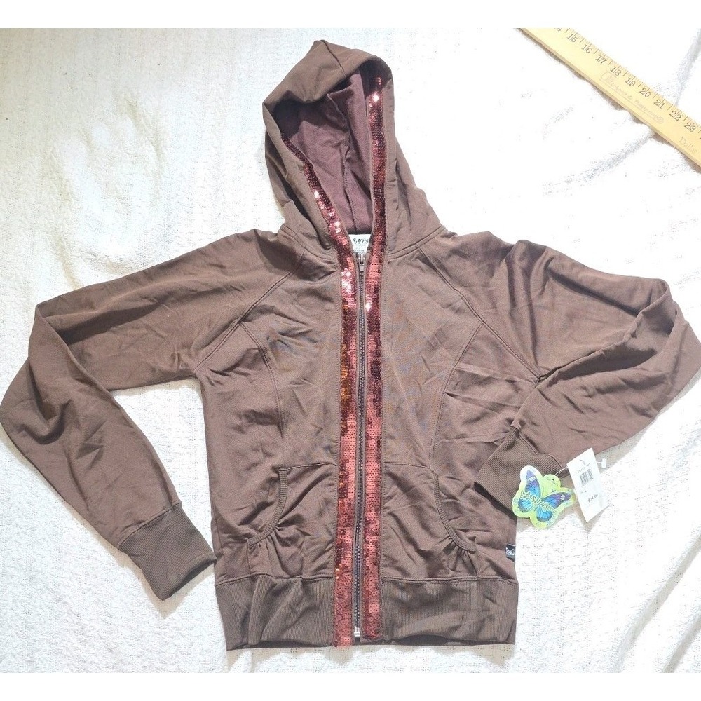 Self esteem Y2K‎ Vintage Zip Up Hooded Jacket Sequin Jrs Large Brown NWT